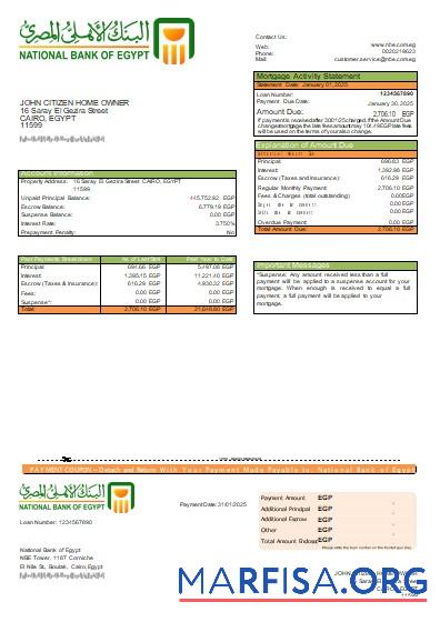 Downloadable Egypt National Bank of Egypt bank mortgage statement scr sample